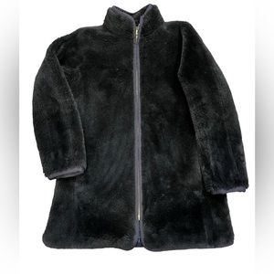 J.Crew black faux fur jacket navy trim size small old money classic funnel neck